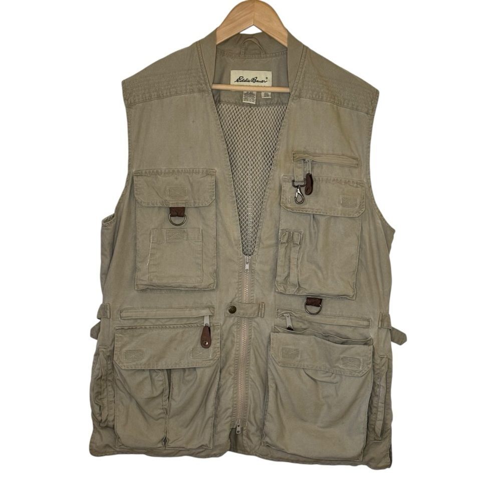 Eddie Bauer Vintage Tan Fishing Cargo Utility Hunting Vest Multiple Pockets Sz M